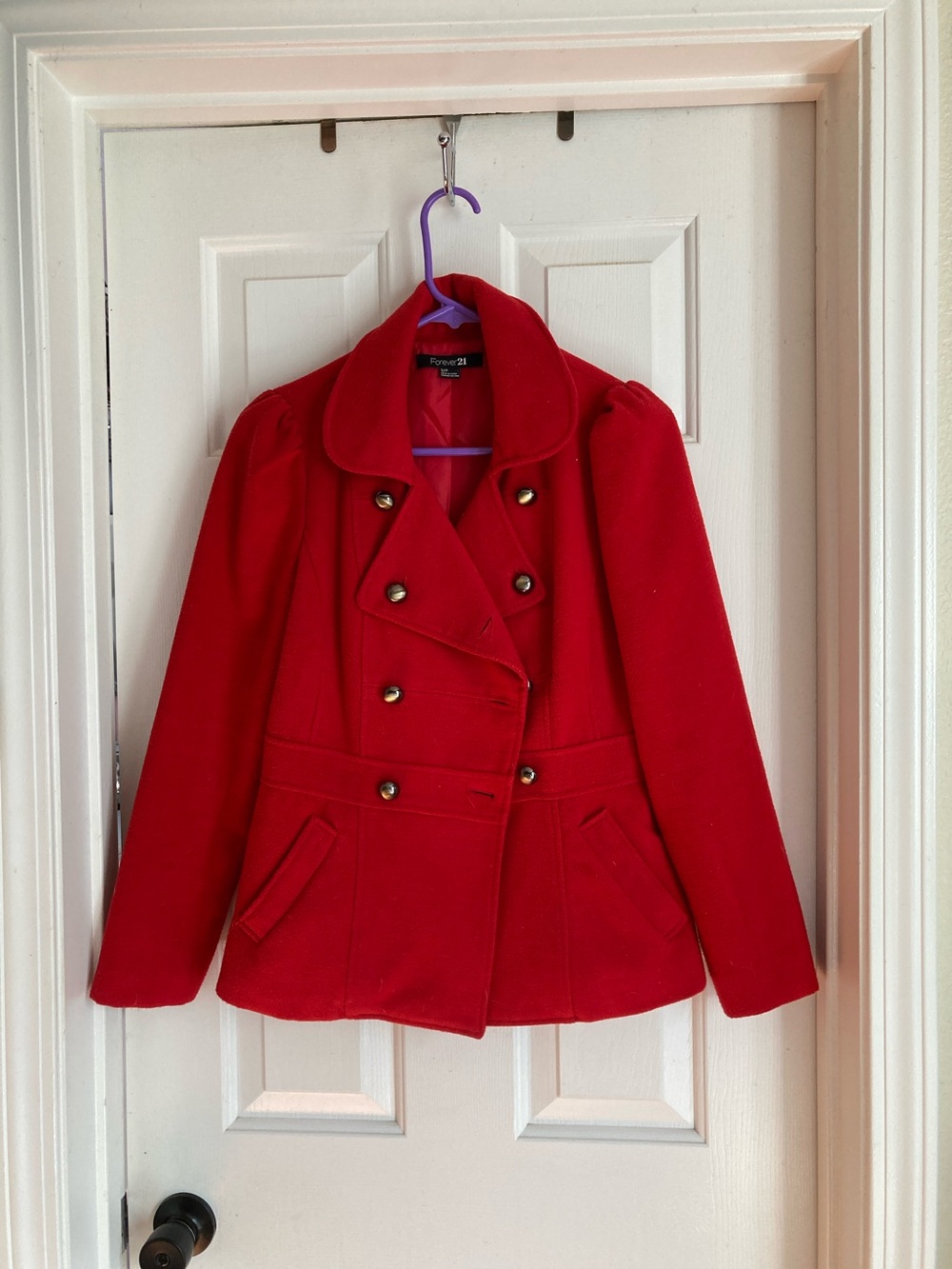 Forever 21 Bright Red Double-Breasted Peacoat with Gold Buttons